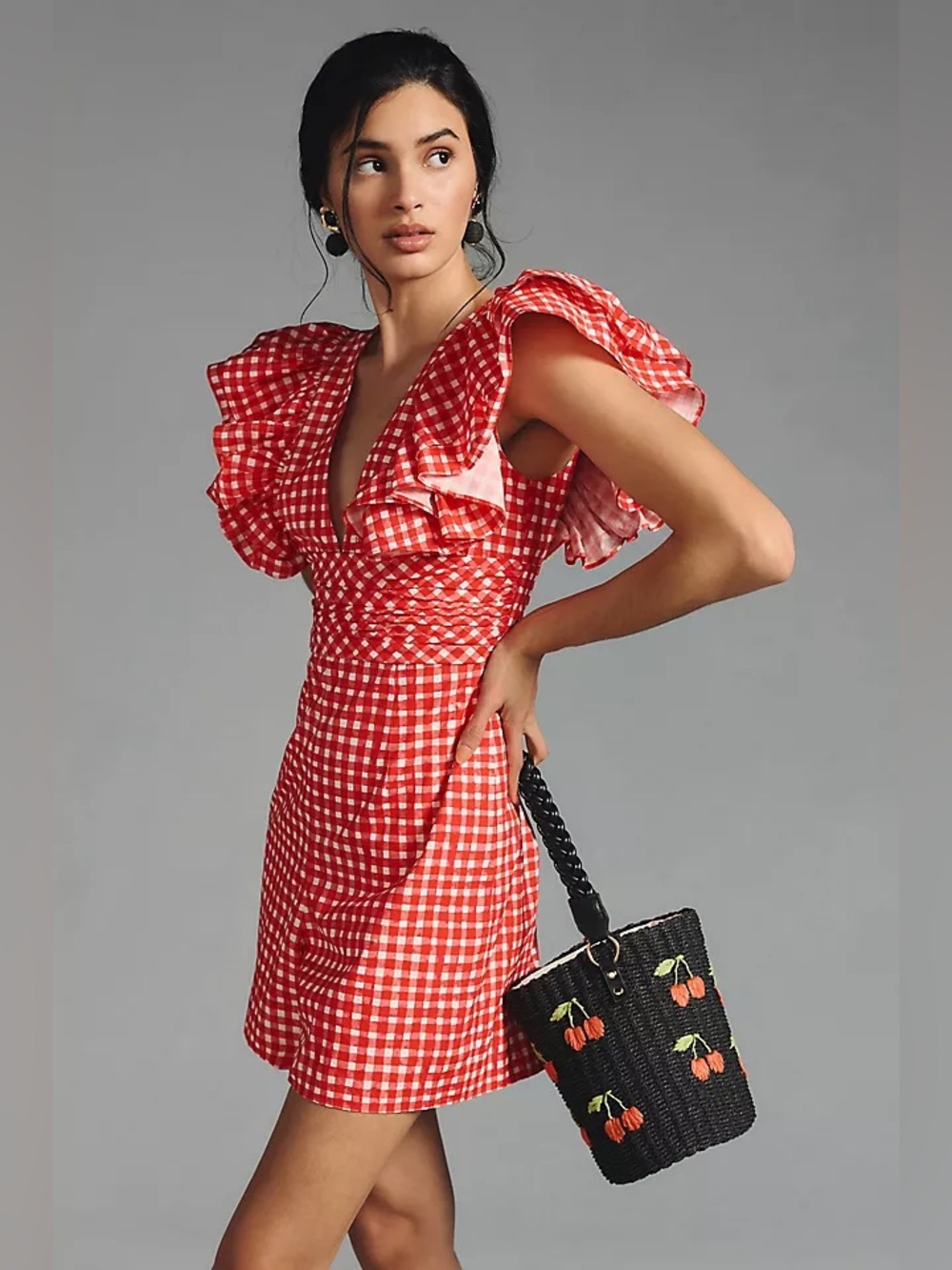 NWT Anthropologie Hutch V-Neck Ruffle Sleeve Romper | Red Picnic Gingham | 10